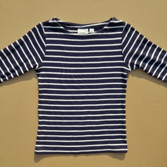 LL Bean navy blue white striped top elbow sleeves size XS Petite - Picture 2 of 8